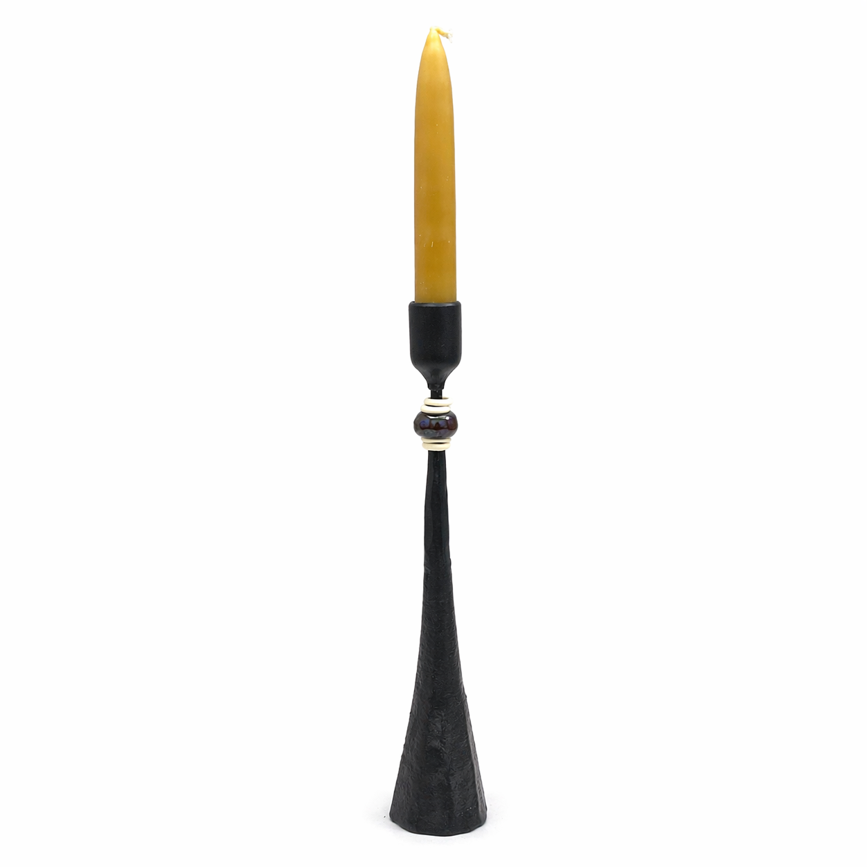 Primitive Tribe No. 3 Handmade Iron Candlestick with Amber African Beads