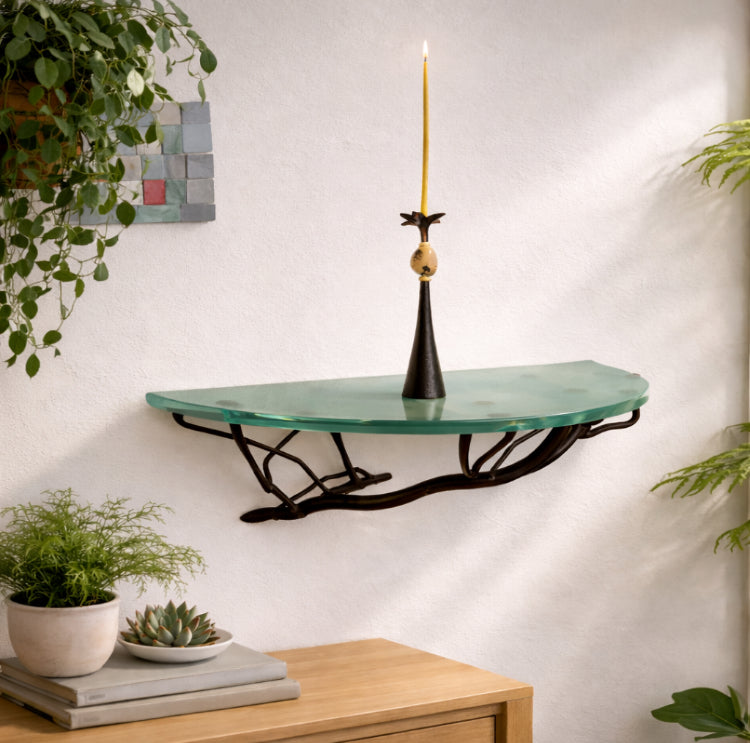 Branch Wall Shelf 16” | Hand-Forged Iron & Recycled Glass