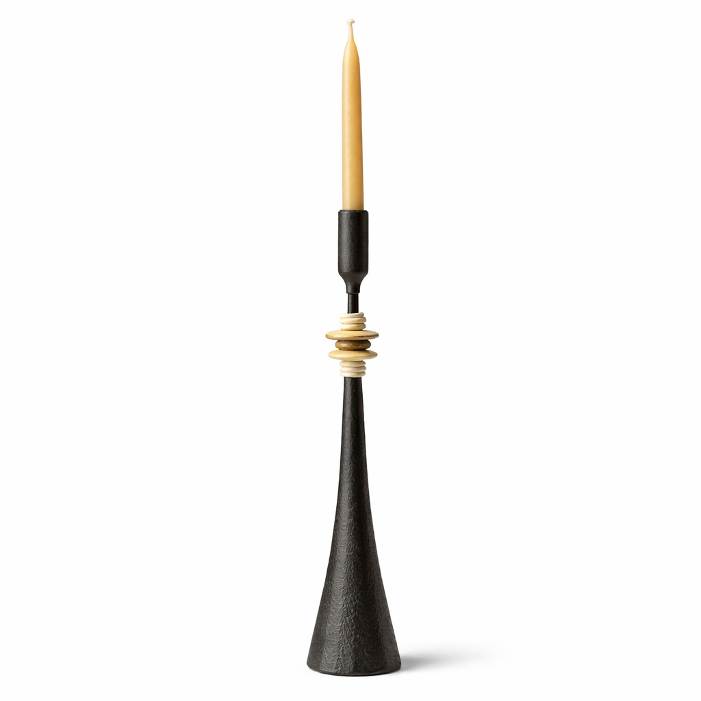 Northern Tribe #9 Candlestick | Hand-Forged Iron with Sculptural White & Brass Rings