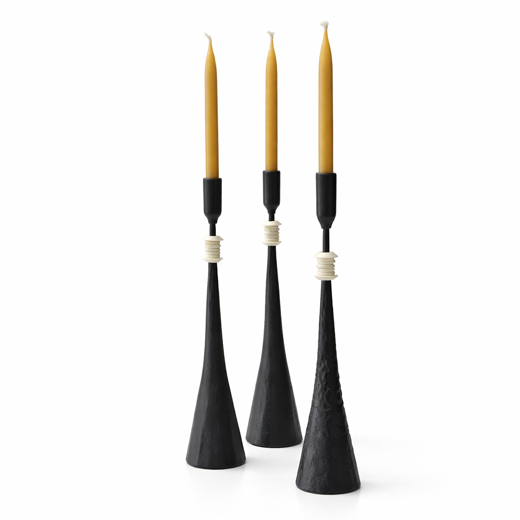 Southern Tribe #3 Candlestick | Hand-Forged Iron with Stacked Organic White Rings