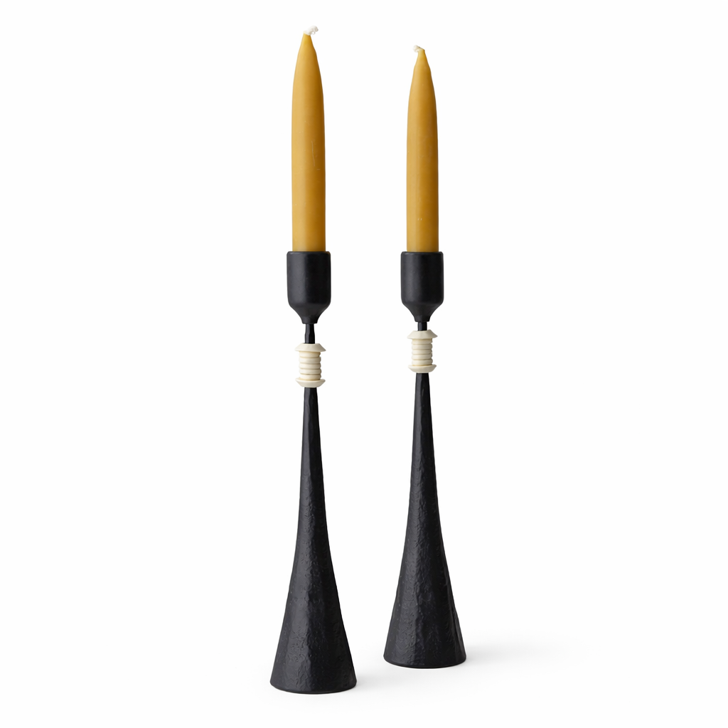 Southern Tribe #3 Candlestick | Hand-Forged Iron with Stacked Organic White Rings