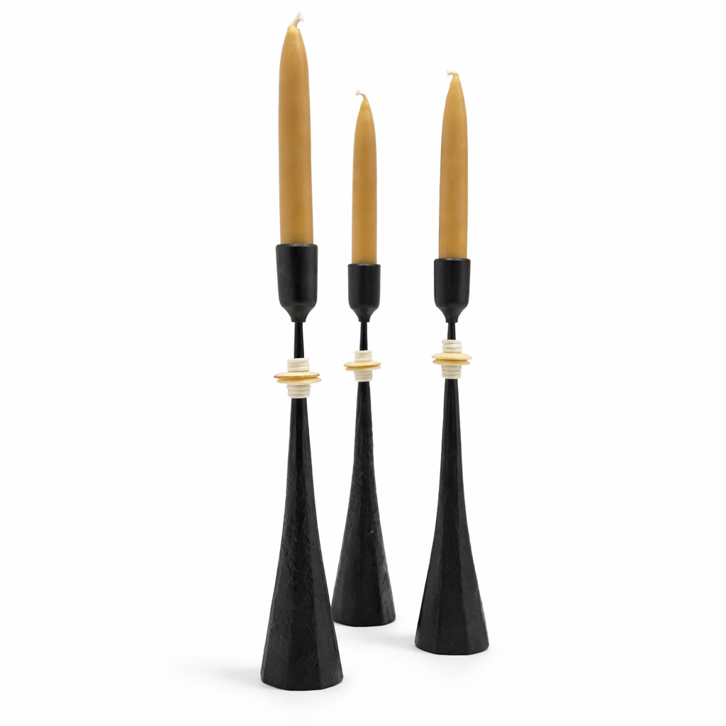 Southern Tribe #1 Candlestick | Hand-Forged Iron with Organic White Sculptural Rings