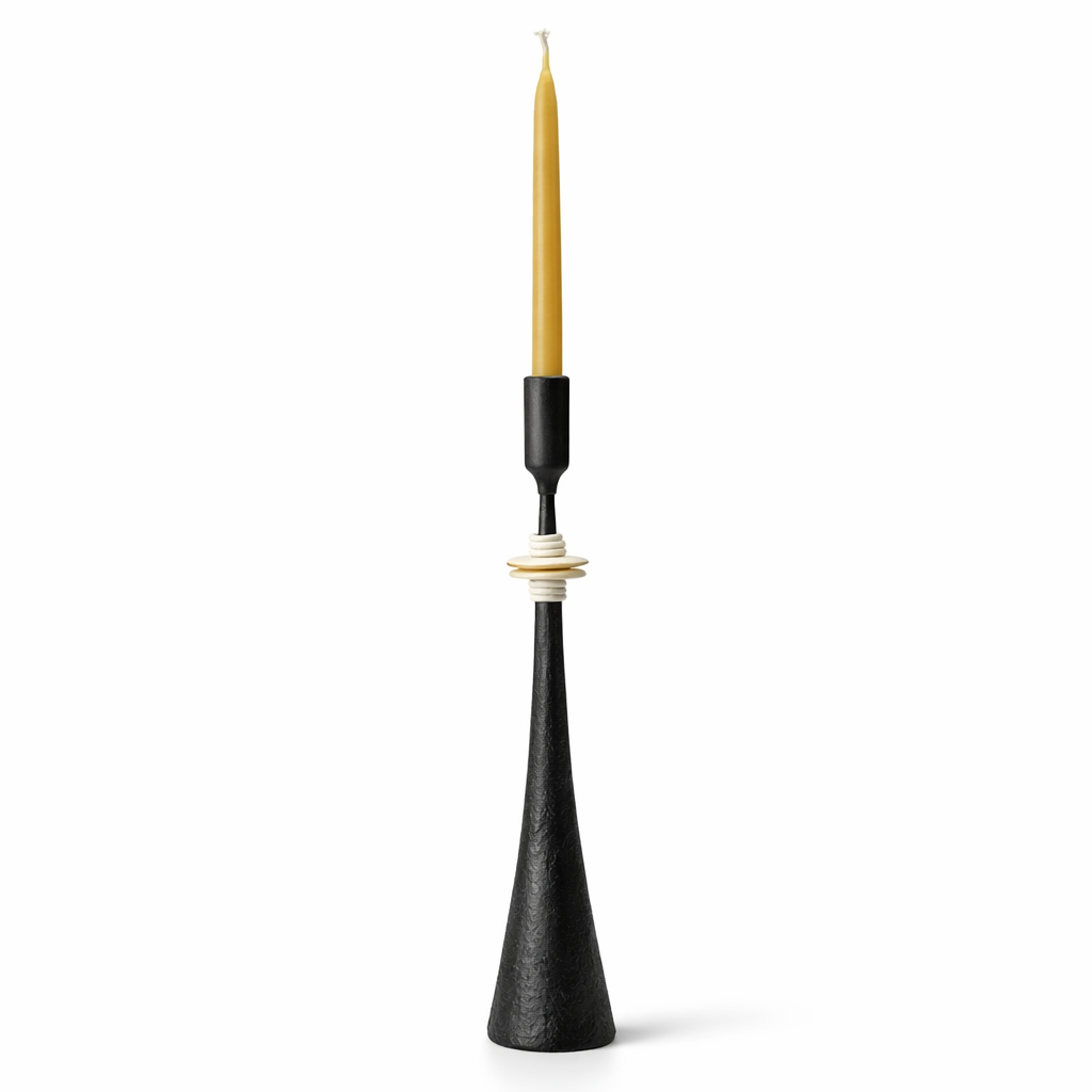 Southern Tribe #1 Candlestick | Hand-Forged Iron with Organic White Sculptural Rings