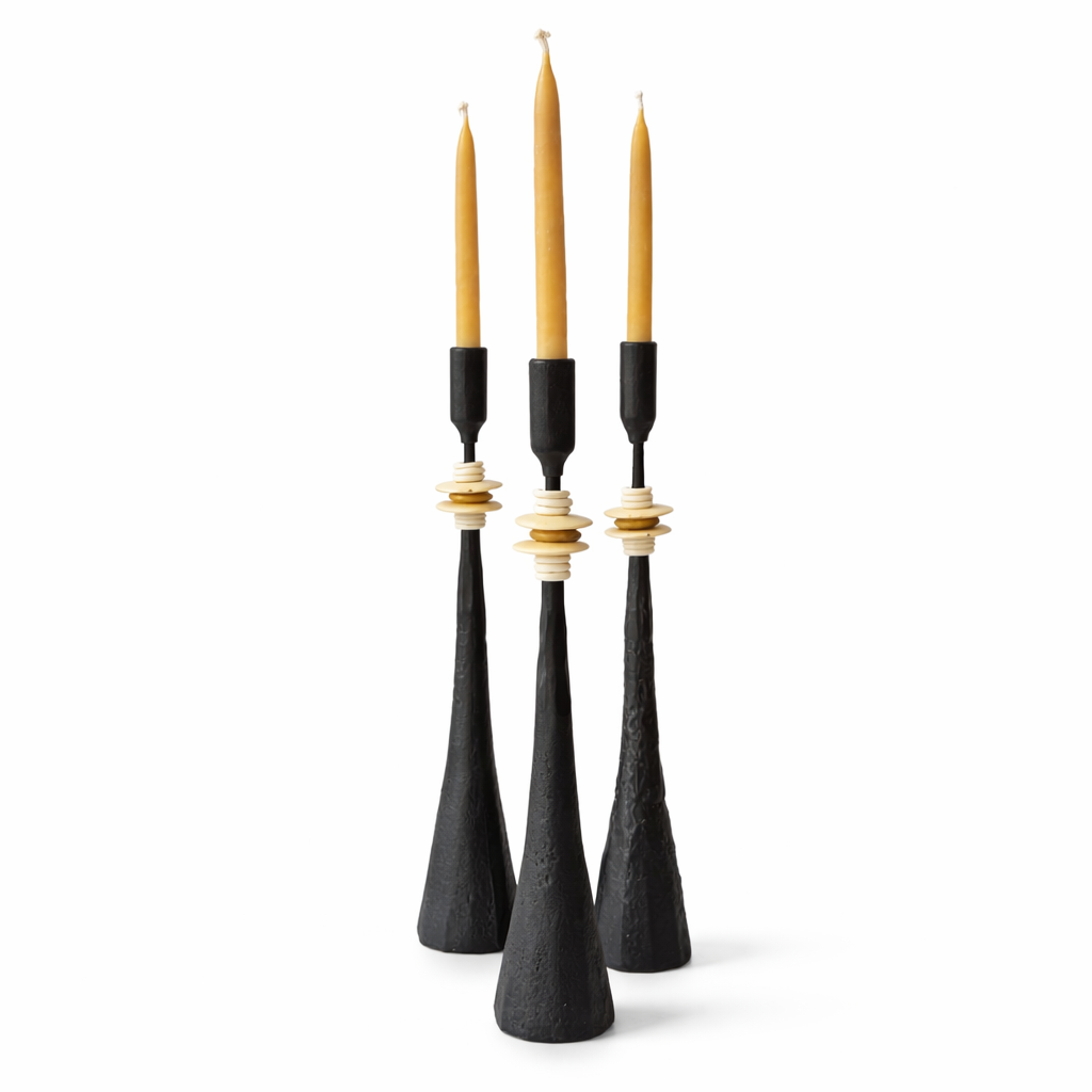 Northern Tribe #9 Candlestick | Hand-Forged Iron with Sculptural White & Brass Rings
