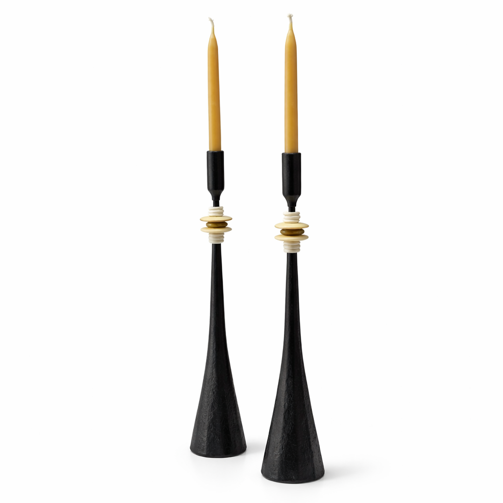 Northern Tribe #9 Candlestick | Hand-Forged Iron with Sculptural White & Brass Rings