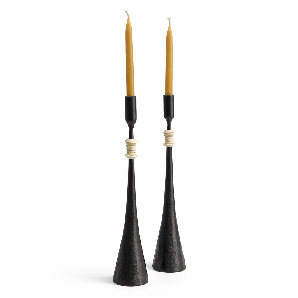 Southern Tribe #3 Candlestick | Hand-Forged Iron with Stacked Organic White Rings