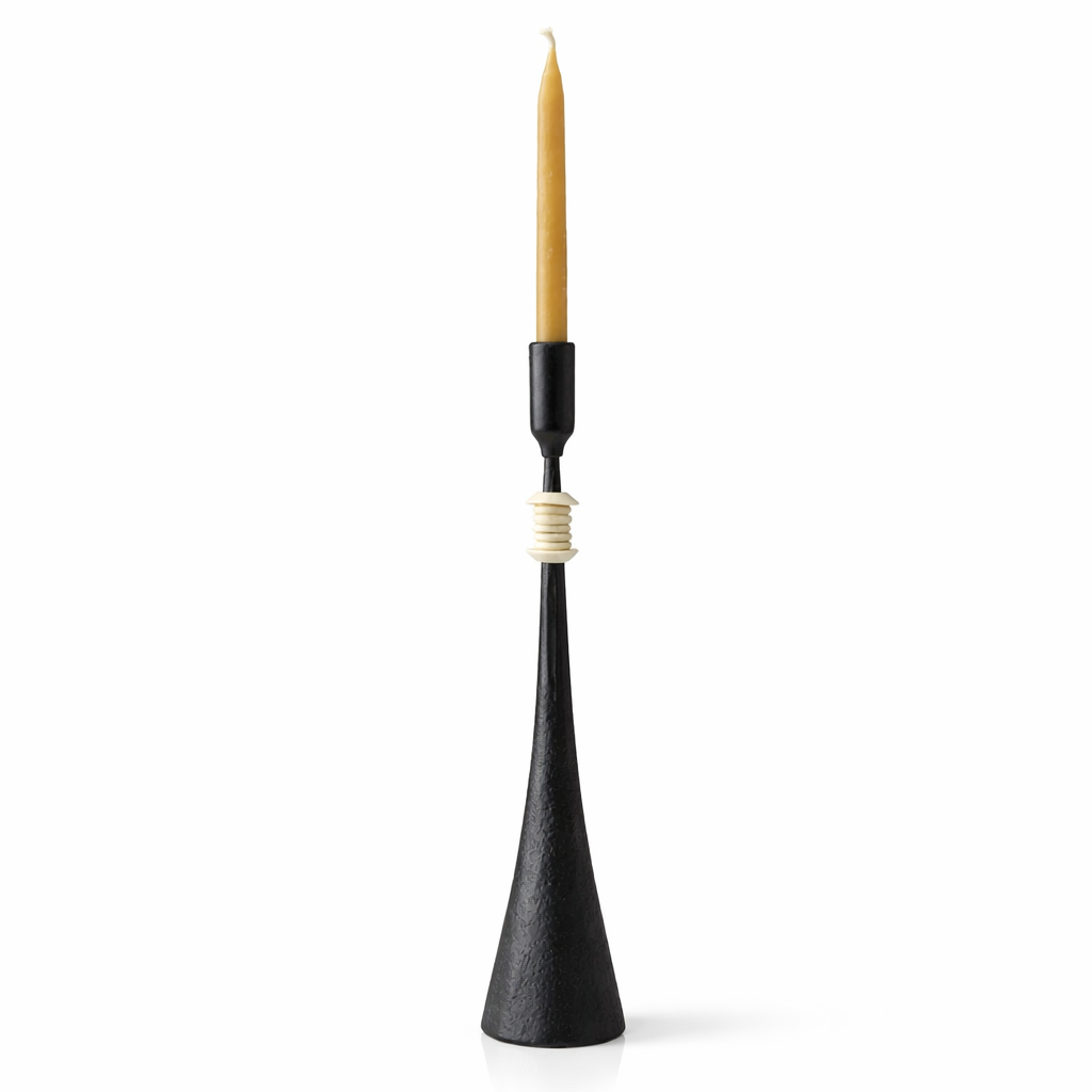 Southern Tribe #3 Candlestick | Hand-Forged Iron with Stacked Organic White Rings