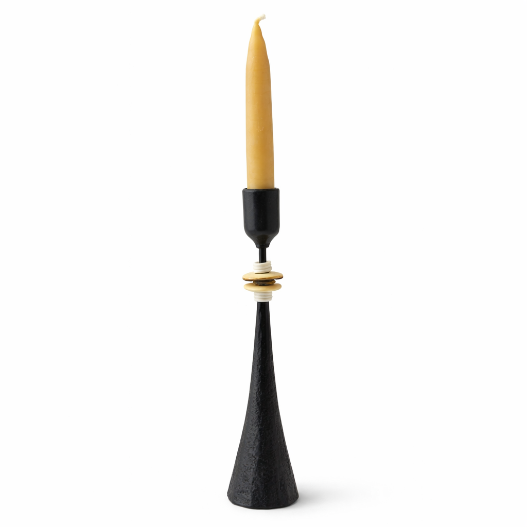 Northern Tribe #9 Candlestick | Hand-Forged Iron with Sculptural White & Brass Rings