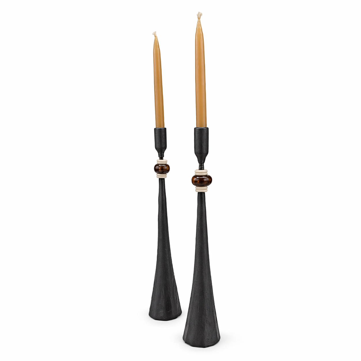 Primitive Tribe No. 3 Handmade Iron Candlestick with Amber African Beads