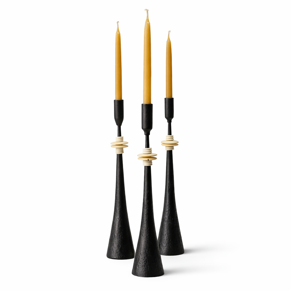 Southern Tribe #1 Candlestick | Hand-Forged Iron with Organic White Sculptural Rings