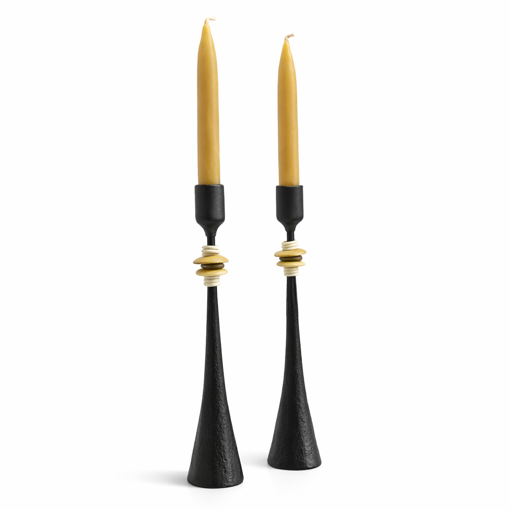 Northern Tribe #9 Candlestick | Hand-Forged Iron with Sculptural White & Brass Rings