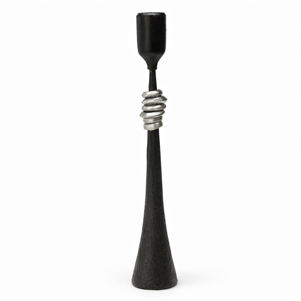 Northern Tribe #3 Candlestick | Hand-Forged Iron Candle Holder with Silver Rings