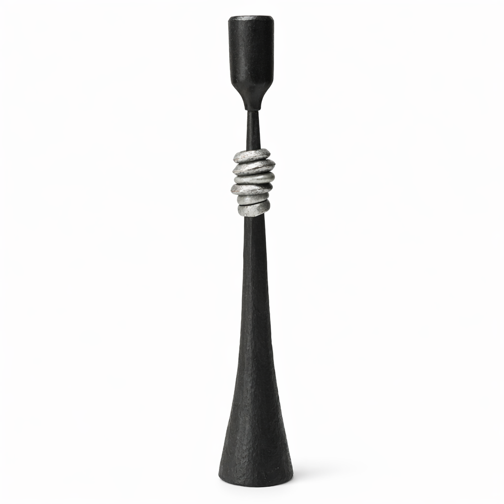 Northern Tribe #3 Candlestick | Hand-Forged Iron Candle Holder with Silver Rings