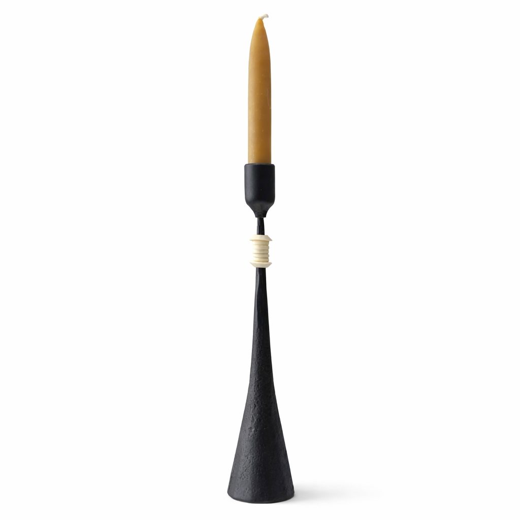Southern Tribe #3 Candlestick | Hand-Forged Iron with Stacked Organic White Rings