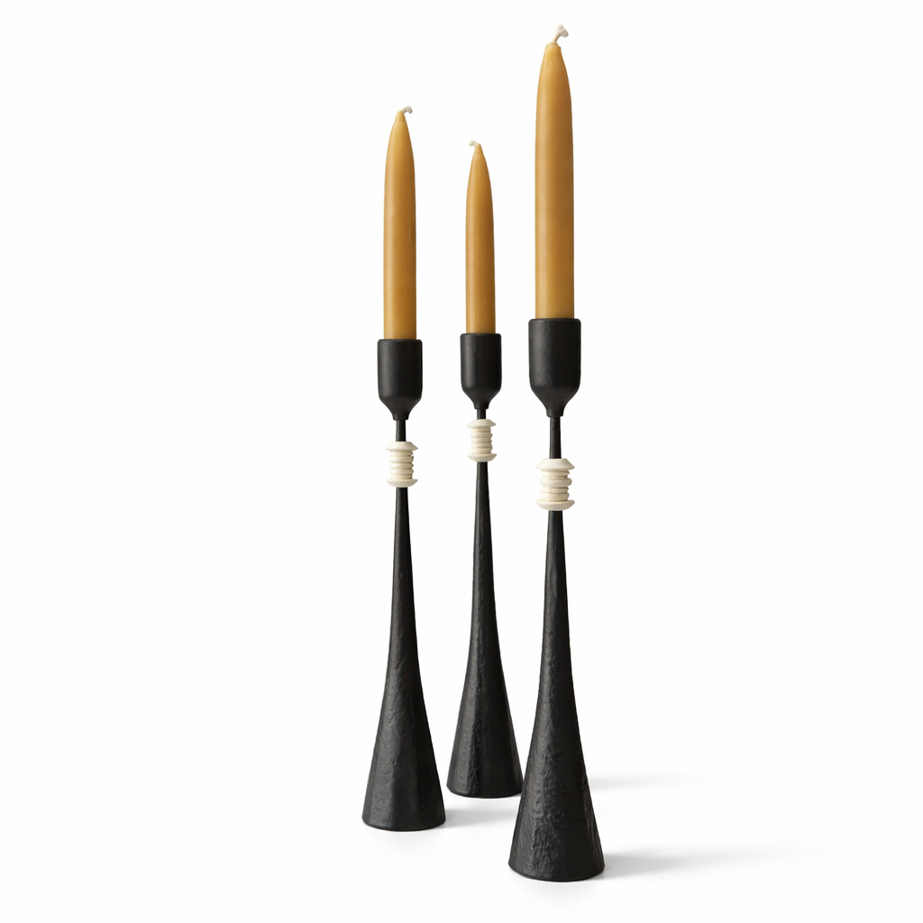 Southern Tribe #3 Candlestick | Hand-Forged Iron with Stacked Organic White Rings