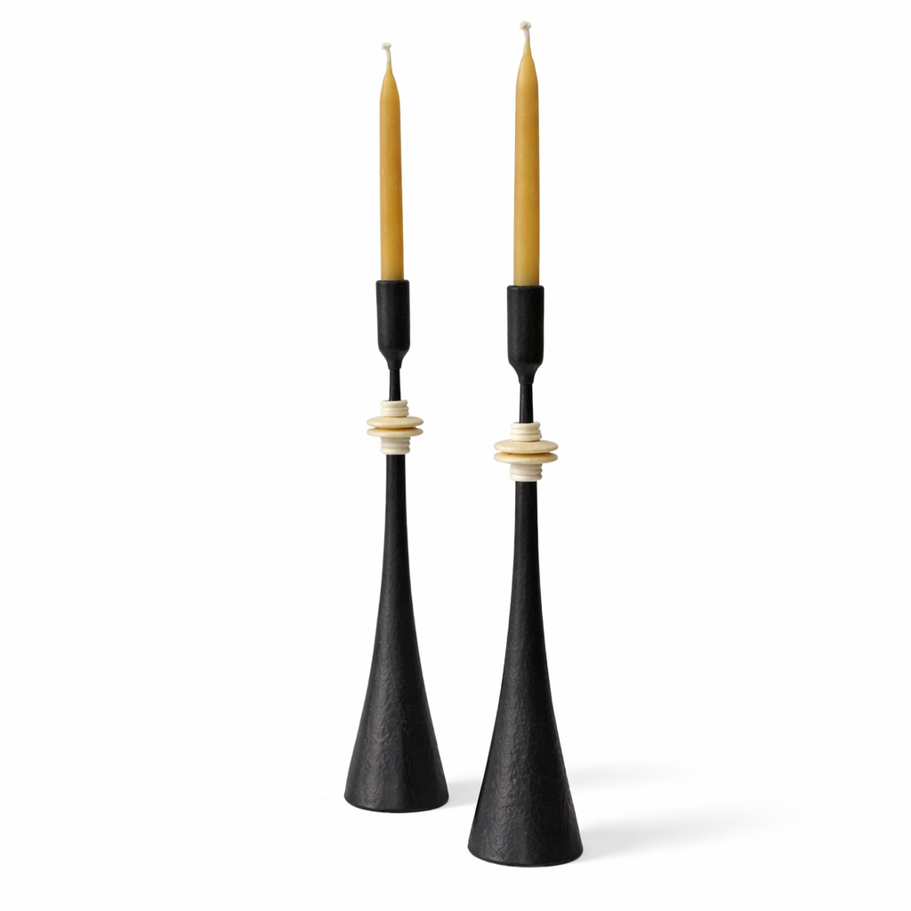 Southern Tribe #1 Candlestick | Hand-Forged Iron with Organic White Sculptural Rings