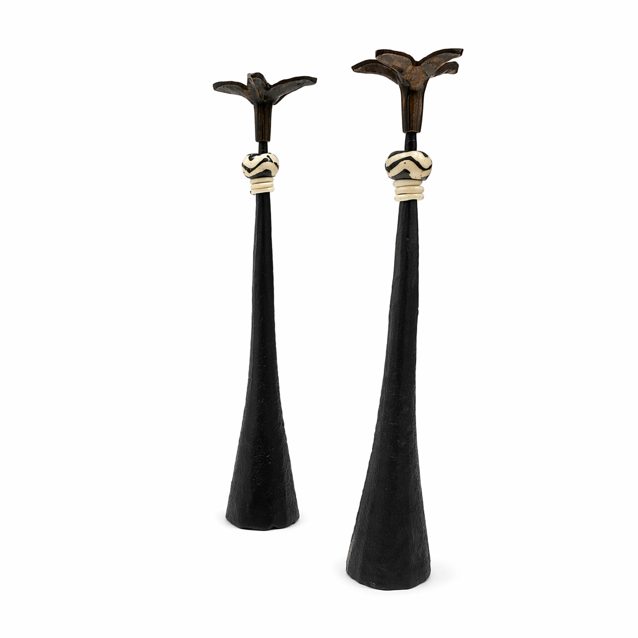 Tribe in Bloom No. 2 Handmade Iron Candlestick with Brass Flower and African Bead