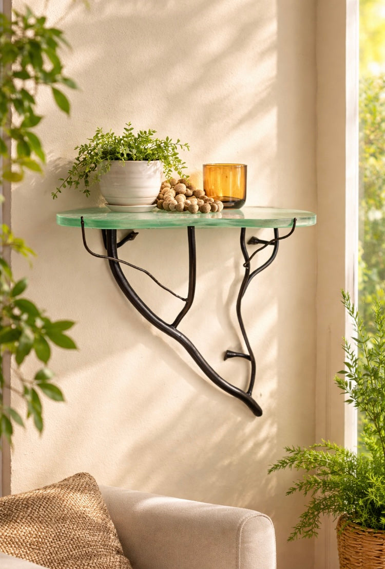Branch Wall Shelf 23” | Hand-Forged Iron & Recycled Glass