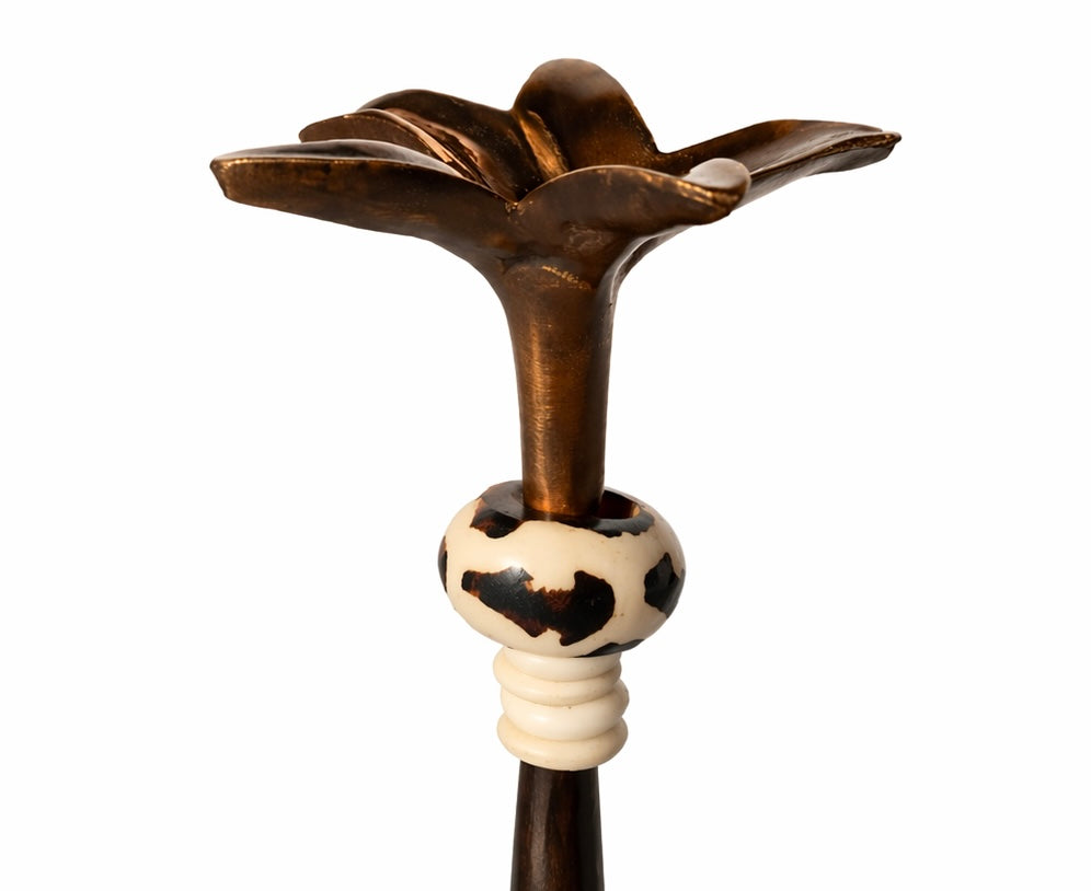 Tribe in Bloom No. 2 Handmade Iron Candlestick with Brass Flower and African Bead