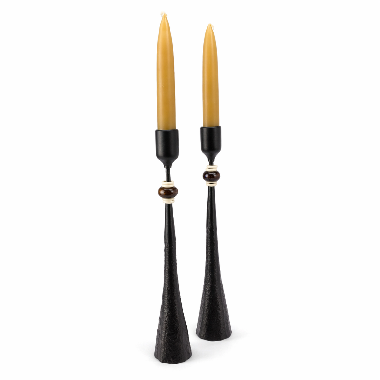 Primitive Tribe No. 3 Handmade Iron Candlestick with Amber African Beads