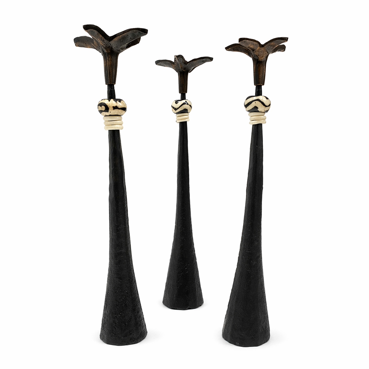 Tribe in Bloom No. 2 Handmade Iron Candlestick with Brass Flower and African Bead