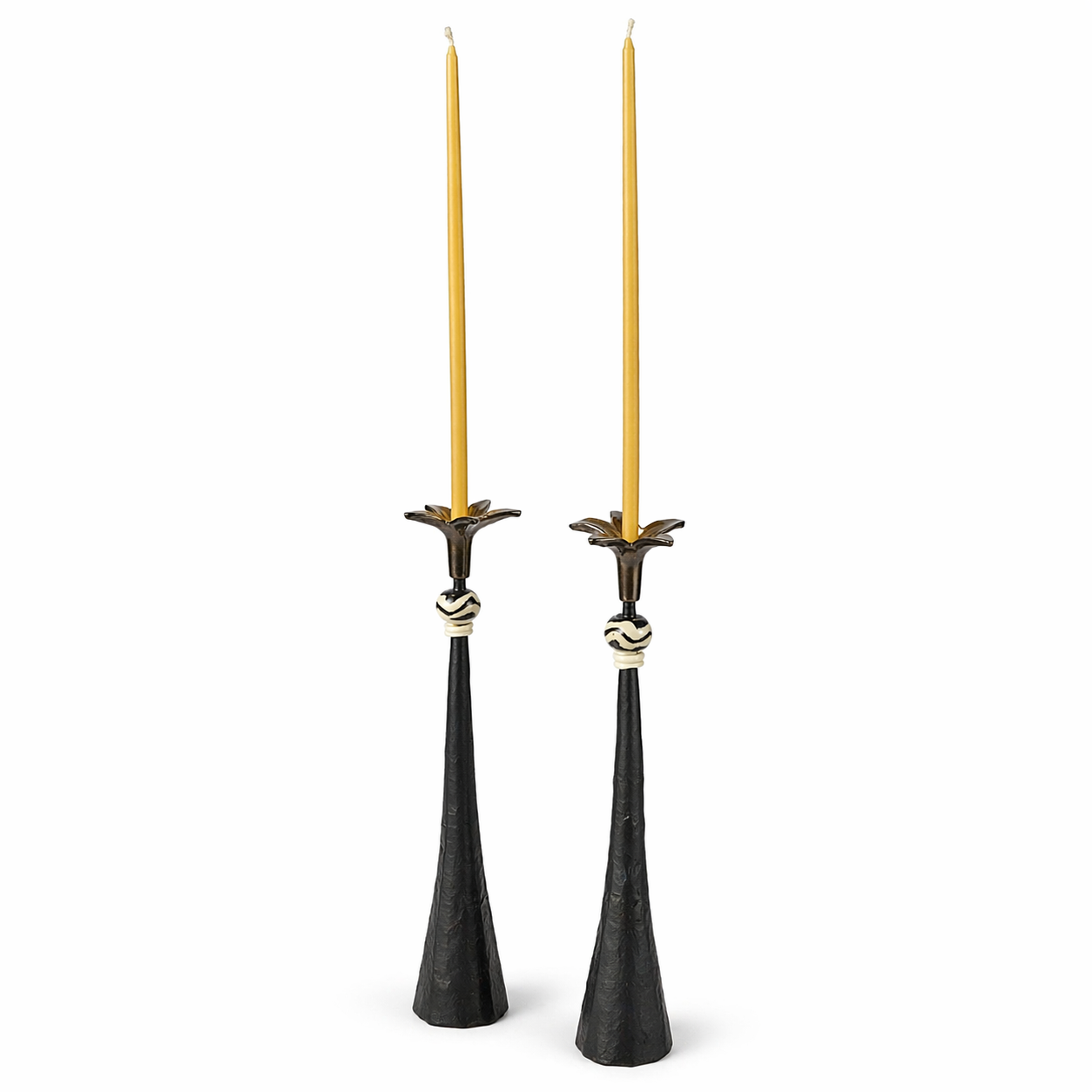 Tribe in Bloom No. 2 Handmade Iron Candlestick with Brass Flower and African Bead