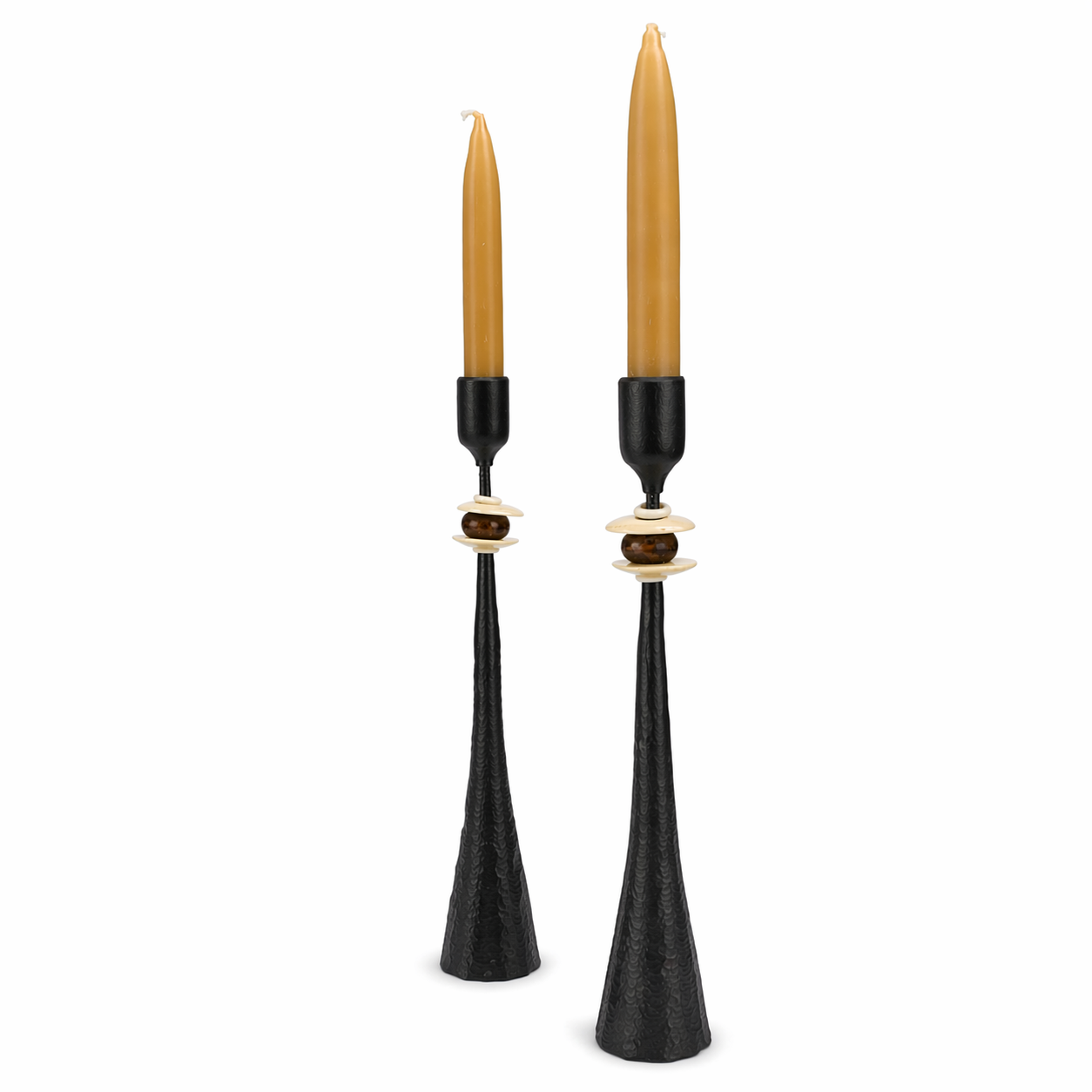 Primitive Tribe No. 4 Handmade Iron Candlestick with Amber African Beads
