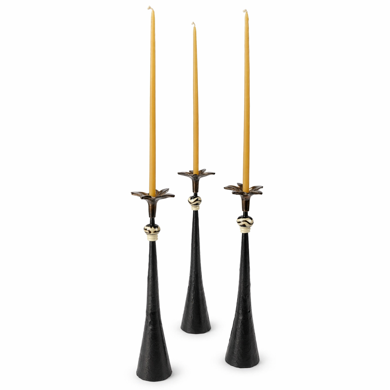 Tribe in Bloom No. 2 Handmade Iron Candlestick with Brass Flower and African Bead