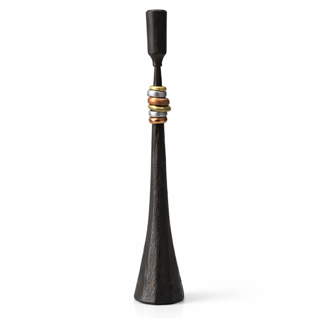 Northern Tribe #4 Mixed Metals Candlestick | Hand-Forged Iron Candle Holder with Brass, Copper & Silver Rings