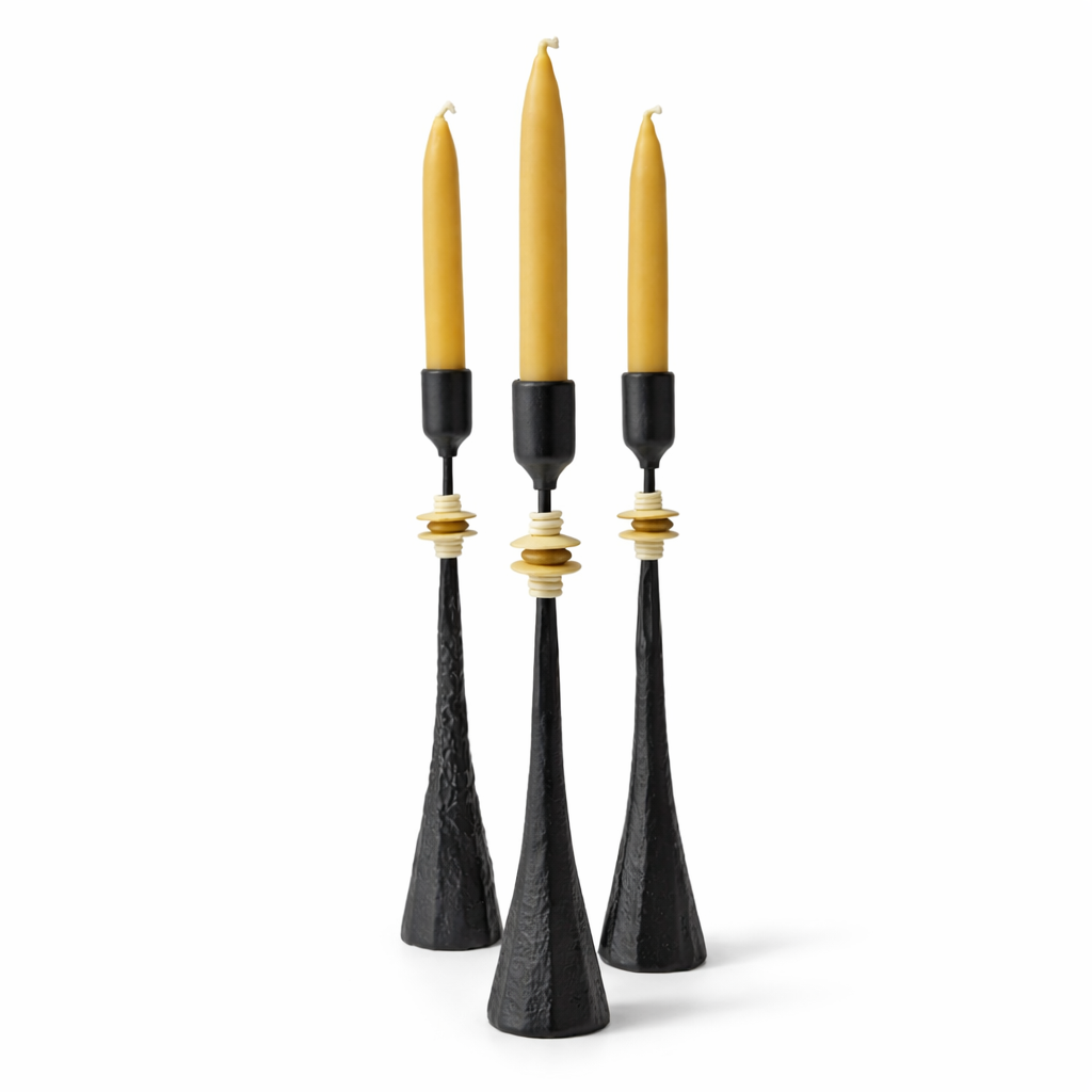 Northern Tribe #9 Candlestick | Hand-Forged Iron with Sculptural White & Brass Rings