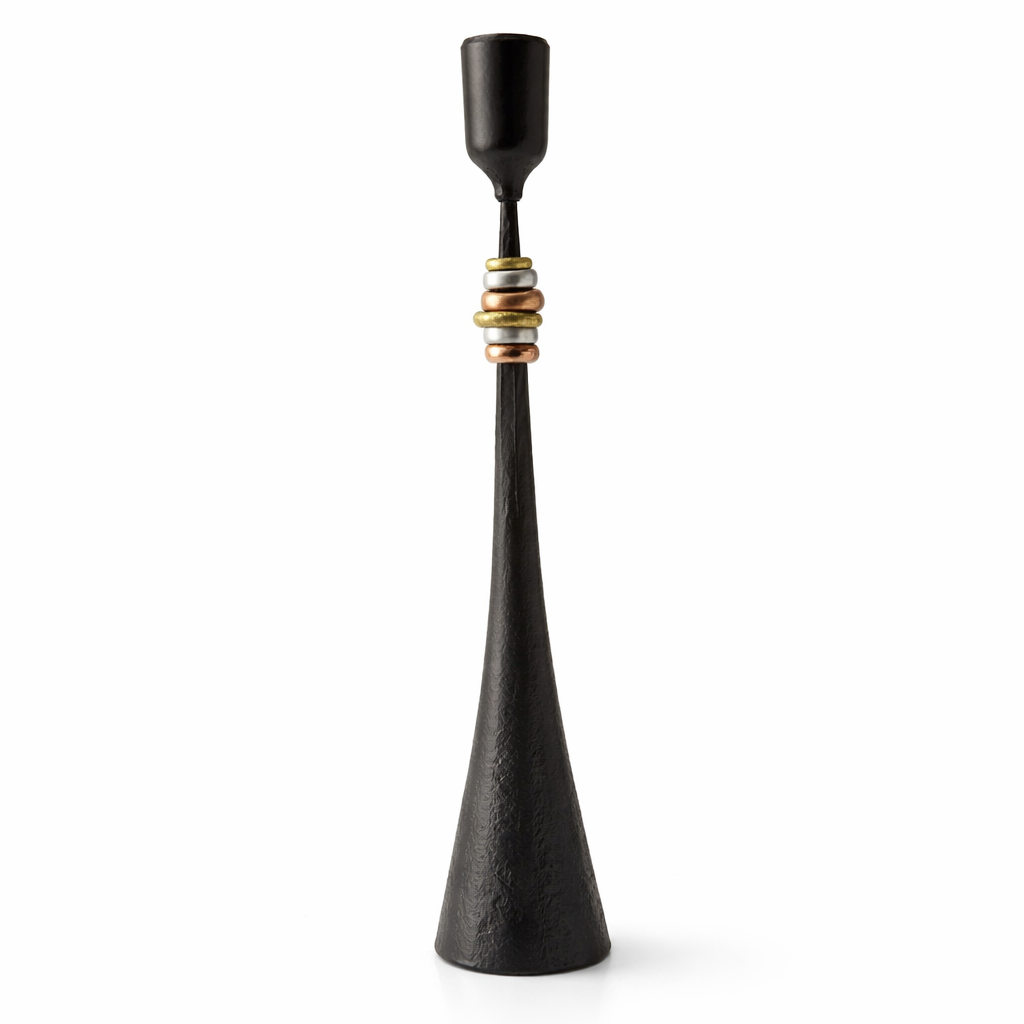 Northern Tribe #4 Mixed Metals Candlestick | Hand-Forged Iron Candle Holder with Brass, Copper & Silver Rings