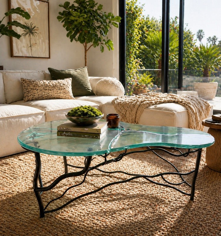 Organic Form Coffee Table – Sculptural Glass & Iron