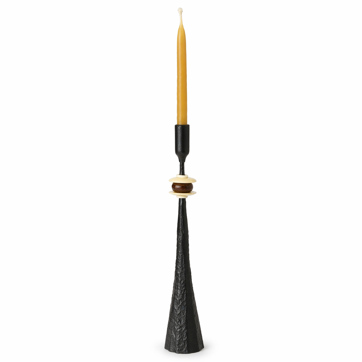 Primitive Tribe No. 4 Handmade Iron Candlestick with Amber African Beads