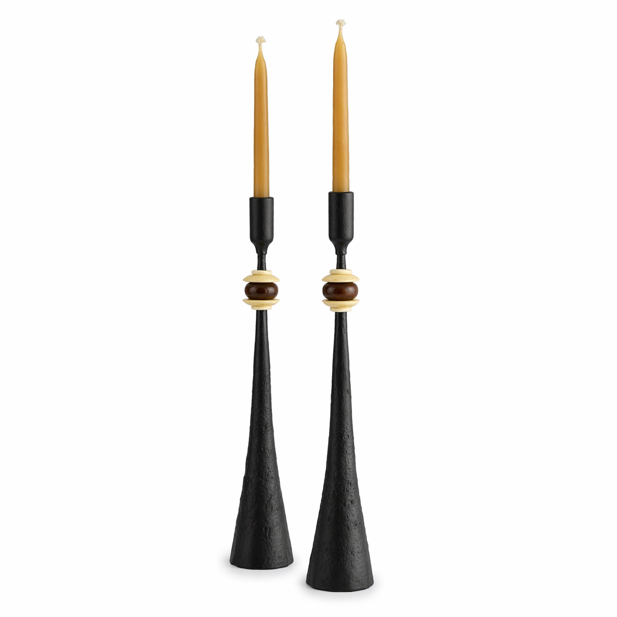 Primitive Tribe No. 4 Handmade Iron Candlestick with Amber African Beads