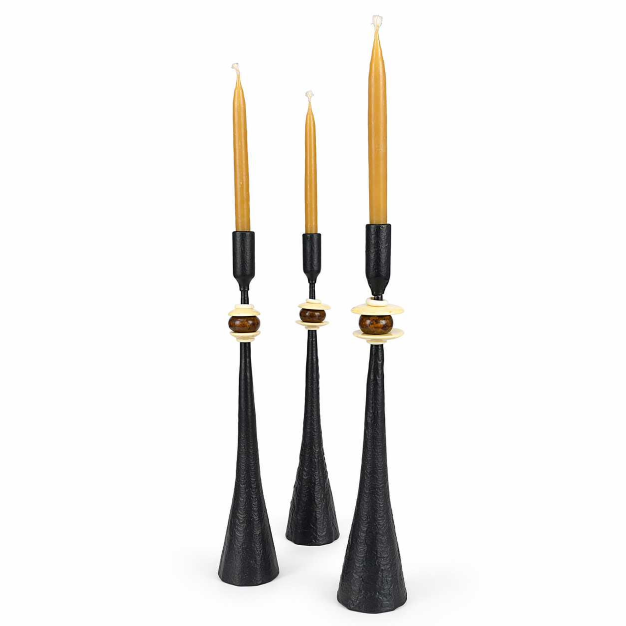 Primitive Tribe No. 4 Handmade Iron Candlestick with Amber African Beads