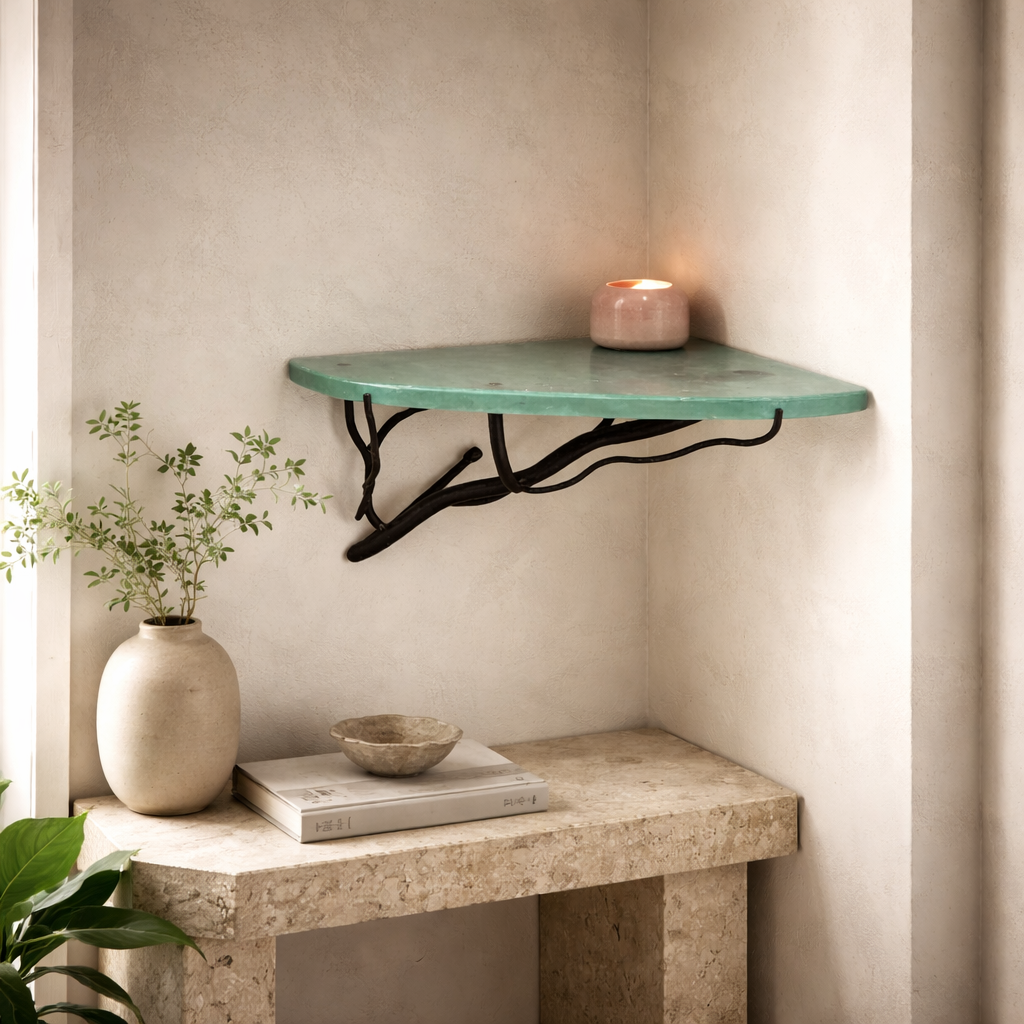 Corner Branch Wall Shelf 15” | Hand-Forged Iron & Recycled Glass